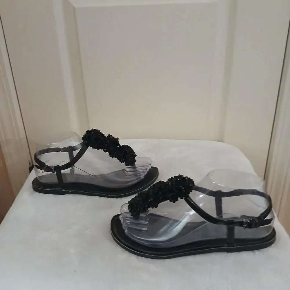 Y2K Vintage Mcbling Gianni Bini Black Beaded Cluster Flat Thong Sandals Festival